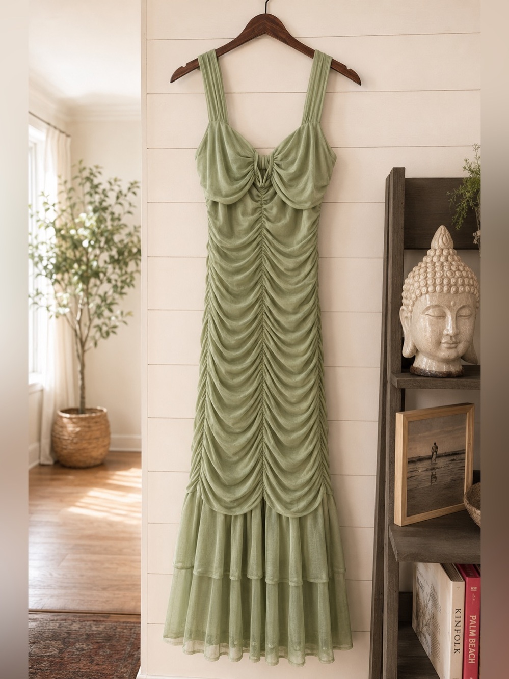 Green Ruched Maxi Dress with Tiered Hem